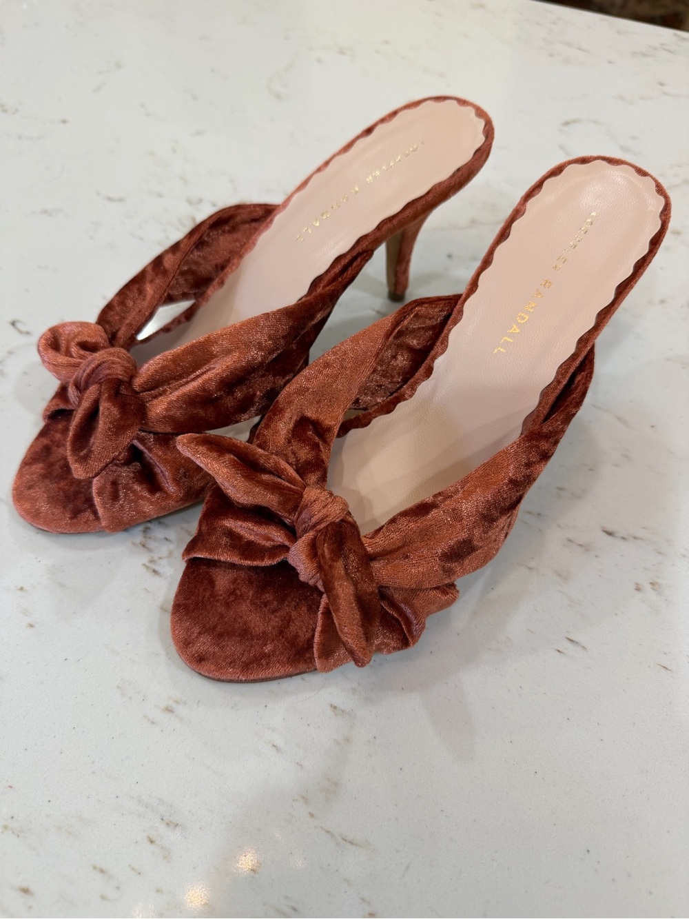 Loeffler Randall Copper Velvet Knot Mule Heels